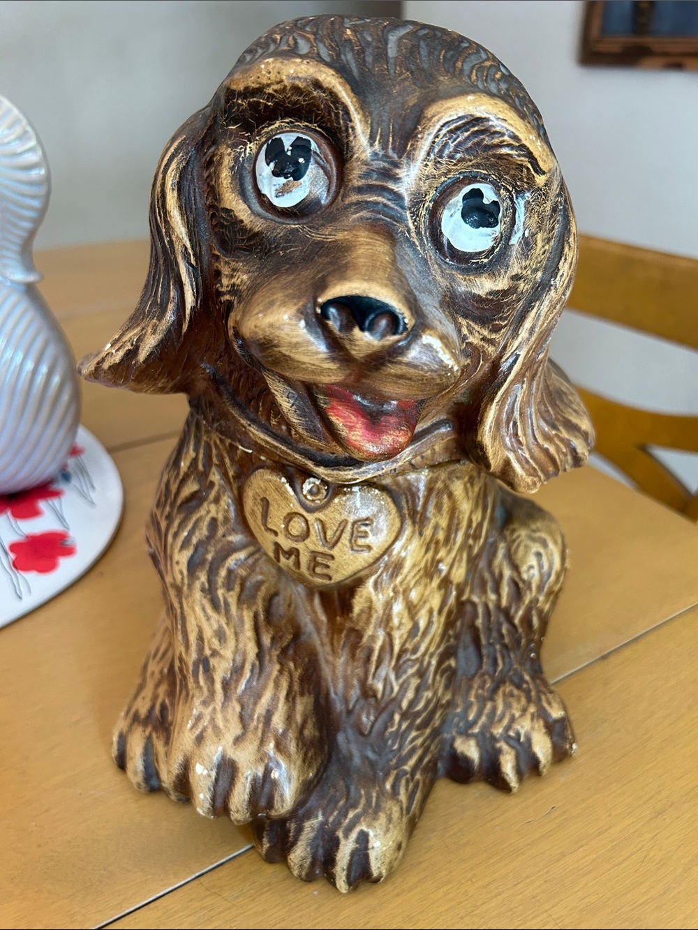 vintage 70’sDecorative Brown Ceramic Dog cookie jar with "Love Me" Heart
